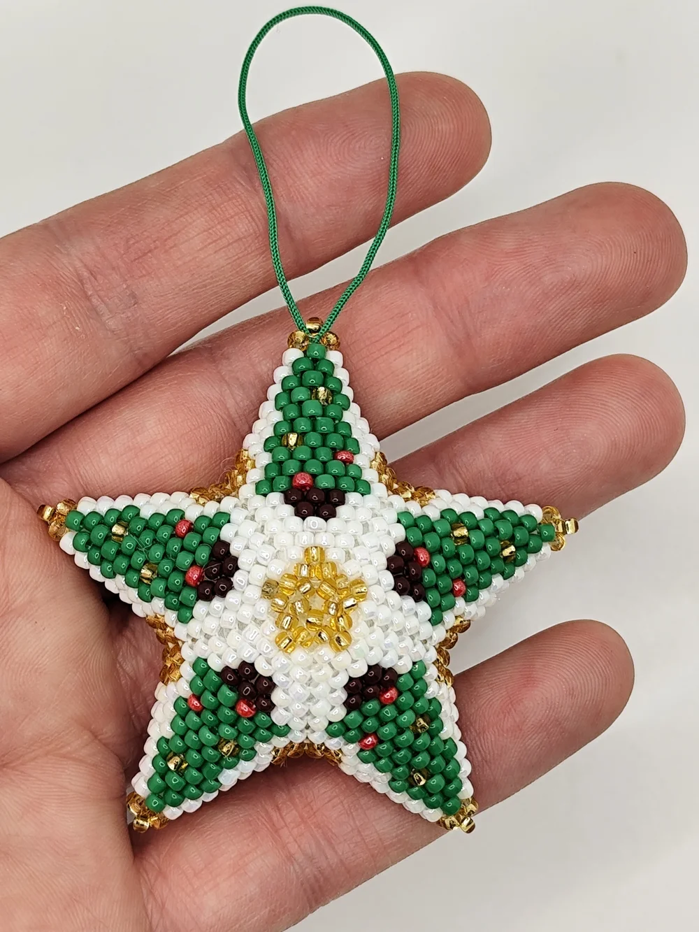 Handmade Beaded Green and White Star Holiday Ornament